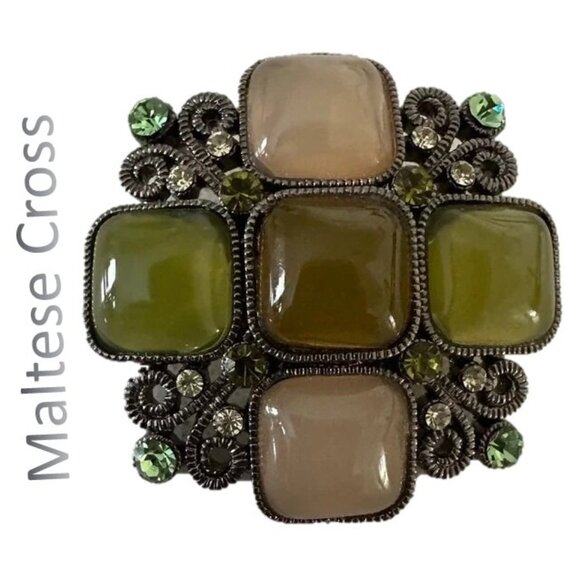 Vintage Maltese Cross Green Cabochon Cut Pendant Brooch - Picture 1 of 9